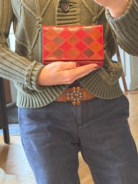 Firenze Vintage Y2K Patchwork Leather Wallet: Red Multi Color Quilted Argyle GUC